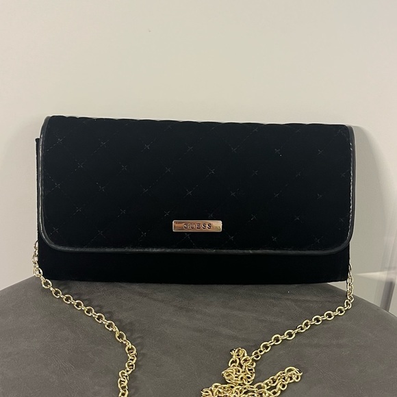 Guess Handbags - Guess Black Velvet Clutch Crossbody Chain Bag